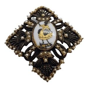 Vintage Antiqued Gold  Brooch With Handpainted Porcelain & Faux Pearls